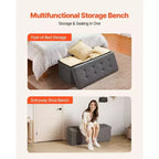 VIYET 45 Pouf de rangement pliant gris, banc en lin 300 kg avec poches latérales pour chambre/entrée/salon