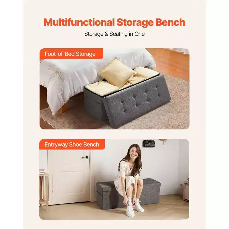 VIYET 45 Pouf de rangement pliant gris, banc en lin 300 kg avec poches latérales pour chambre/entrée/salon