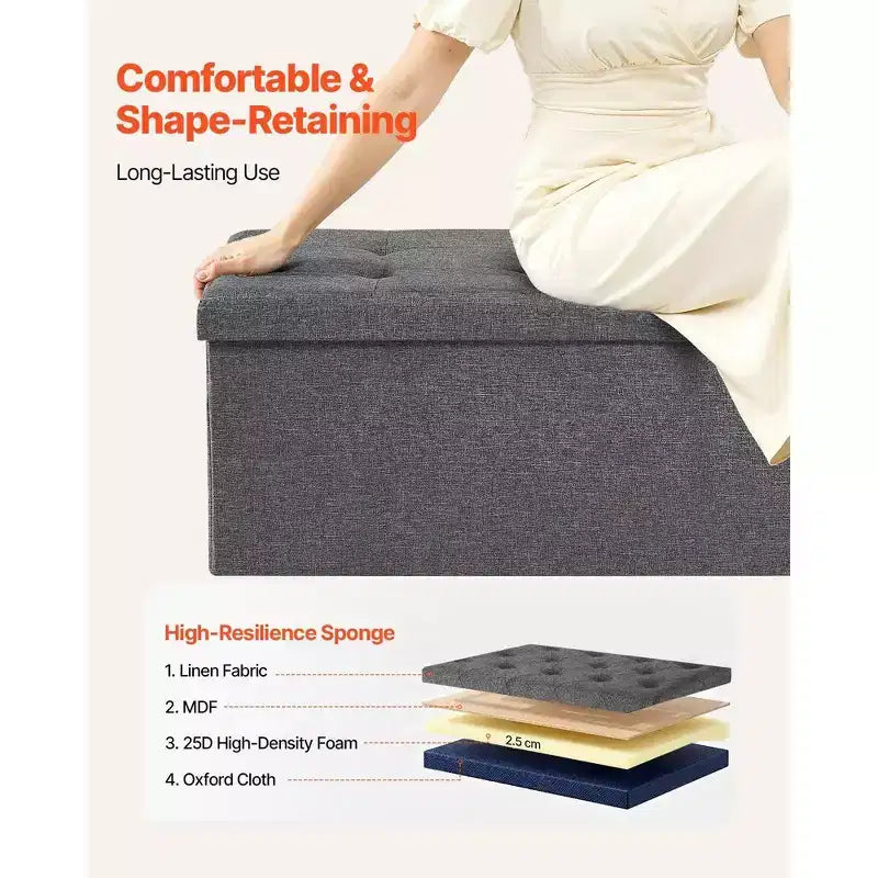 VIYET 45 Pouf de rangement pliant gris, banc en lin 300 kg avec poches latérales pour chambre/entrée/salon