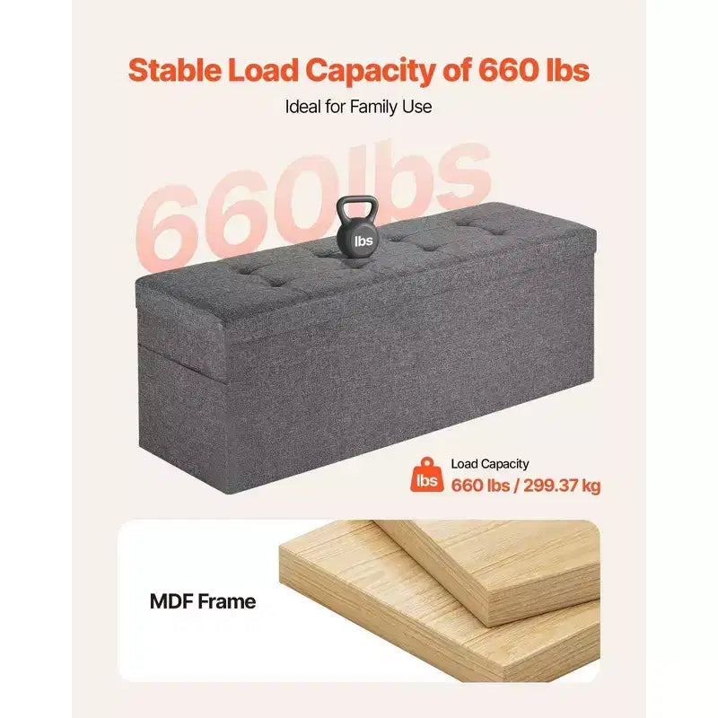 VIYET 45 Pouf de rangement pliant gris, banc en lin 300 kg avec poches latérales pour chambre/entrée/salon
