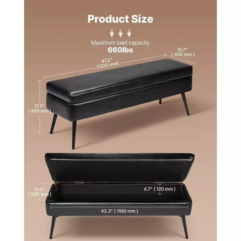 Banc de rangement VIYET 47 en cuir PU noir, pieds en métal supportant 300 kg, banc à fermeture amortie pour entrée/chambre/salon