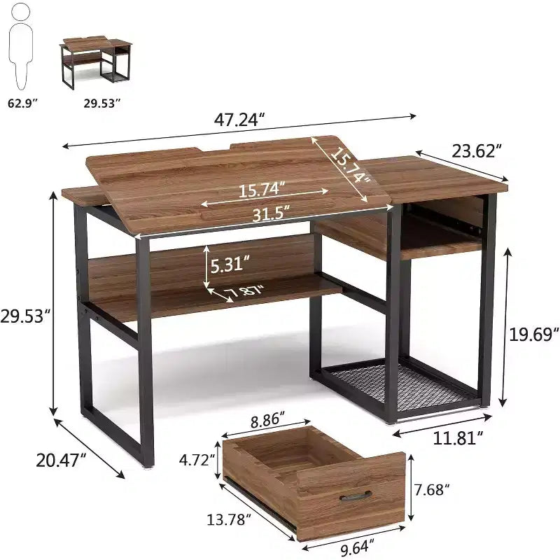 Table à dessin Lantine Premium avec tiroirs de rangement, table d'artiste avec étagères et plateau inclinable pour bureau à domicile