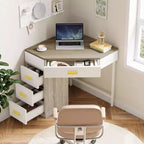 Lantine Corner Desk, Triangle Computer Desk with 3 Drawers, 90-Degree Writing Table for Home Office, Living Room, Bedroom, Grey & White