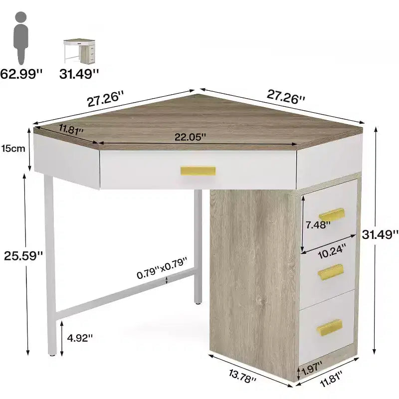 Bureau d'angle Lantine, bureau d'ordinateur triangulaire avec 3 tiroirs, table d'écriture à 90 degrés pour bureau à domicile, salon, chambre, gris et blanc