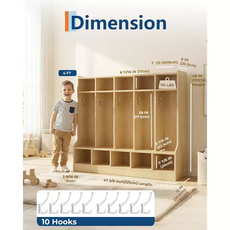 Banc porte-manteaux en bois pour enfants, casiers de rangement à 10 compartiments avec crochets, surface lisse et roulettes dissimulées pour la salle de classe, la garderie, l'école ou la maison