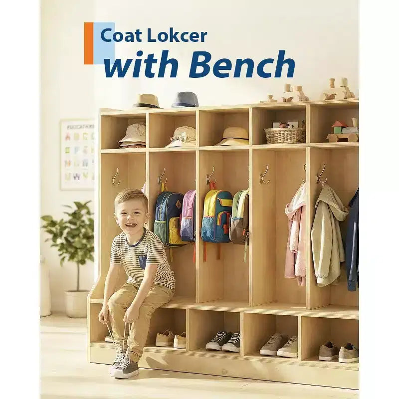 Banc porte-manteaux en bois pour enfants, casiers de rangement à 10 compartiments avec crochets, surface lisse et roulettes dissimulées pour la salle de classe, la garderie, l'école ou la maison