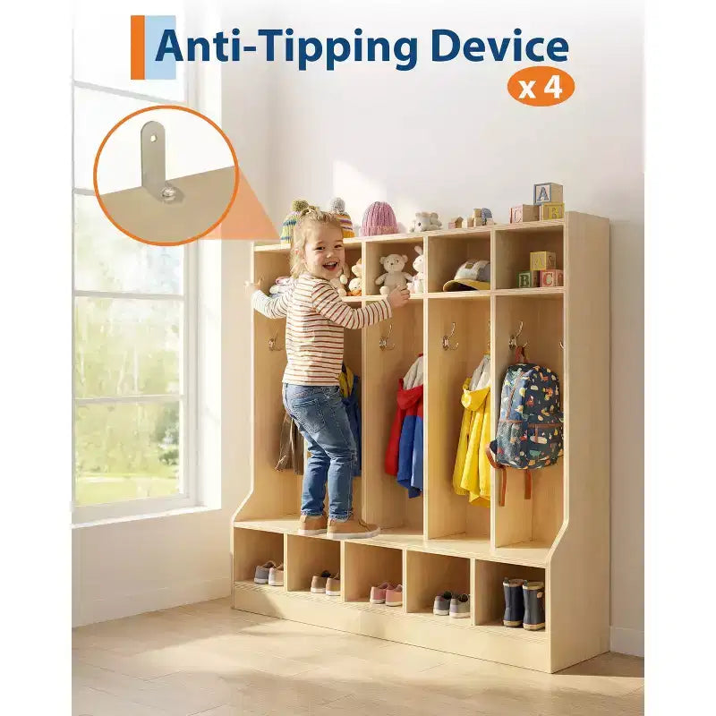 Banc porte-manteaux en bois pour enfants, casiers de rangement à 10 compartiments avec crochets, surface lisse et roulettes dissimulées pour la salle de classe, la garderie, l'école ou la maison