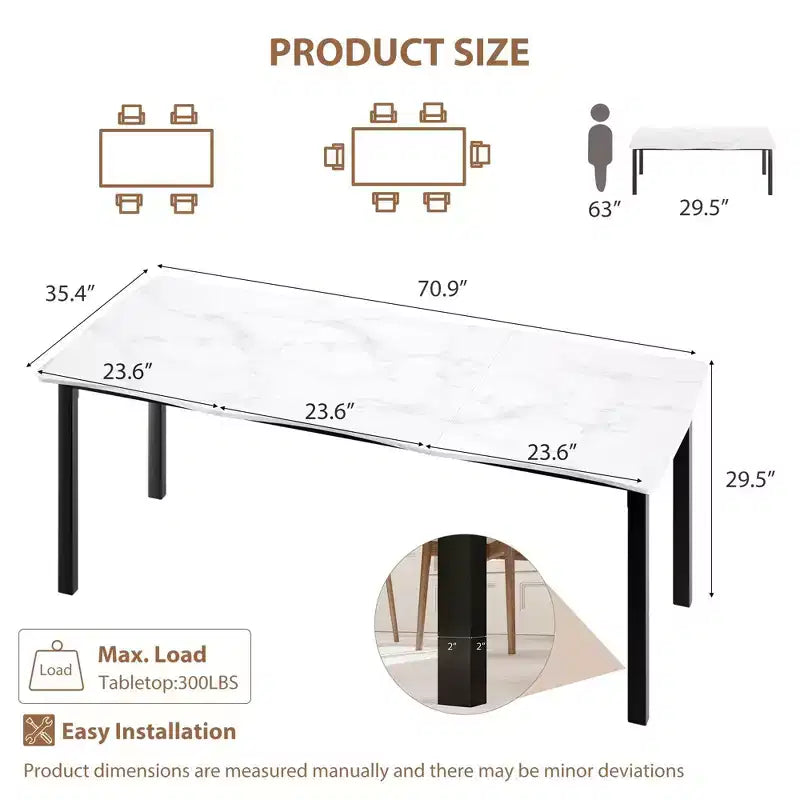 Table à manger 78.7 Wave Edge - Plateau en MDF avec cadre en métal, pour 6 à 8 personnes, idéale pour la cuisine/salle à manger