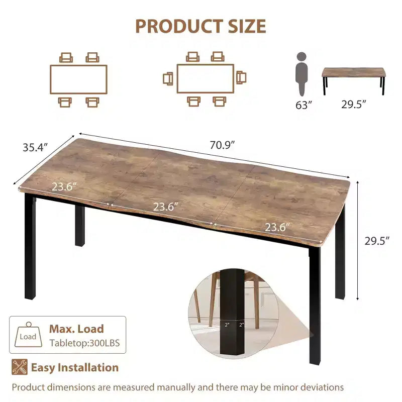 Table à manger 78.7 Wave Edge - Plateau en MDF avec cadre en métal, pour 6 à 8 personnes, idéale pour la cuisine/salle à manger