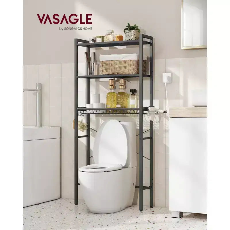 Meuble de Rangement Sur Pied WC VASAGLE, Étagère de Salle de Bain avec Étagères Réglables et Panier, Porte-Sèche-Cheveux, 3 Crochets