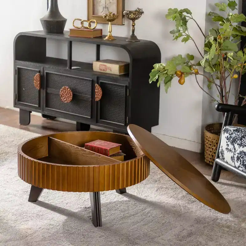 Table basse ronde ModernLuxe rétro avec rangement dissimulé, table d'appoint de salon en bois de style Mid-Century