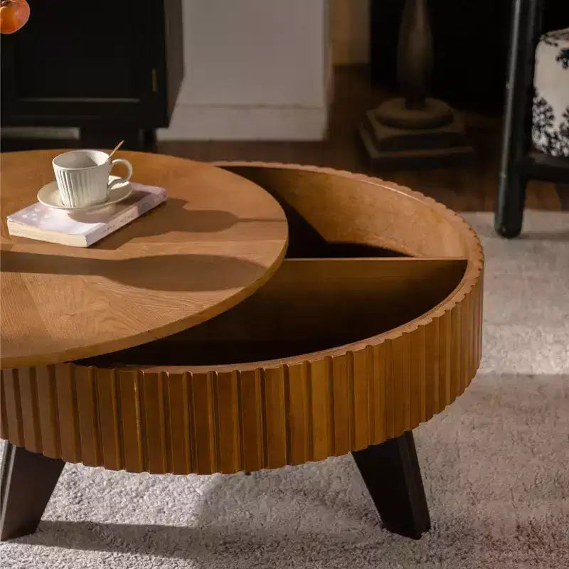 Table basse ronde ModernLuxe rétro avec rangement dissimulé, table d'appoint de salon en bois de style Mid-Century