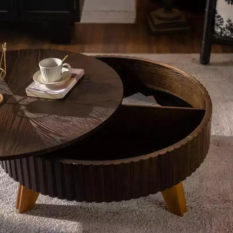 Table basse ronde ModernLuxe rétro avec rangement dissimulé, table d'appoint de salon en bois de style Mid-Century