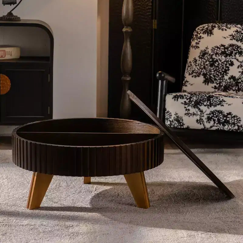 Table basse ronde ModernLuxe rétro avec rangement dissimulé, table d'appoint de salon en bois de style Mid-Century