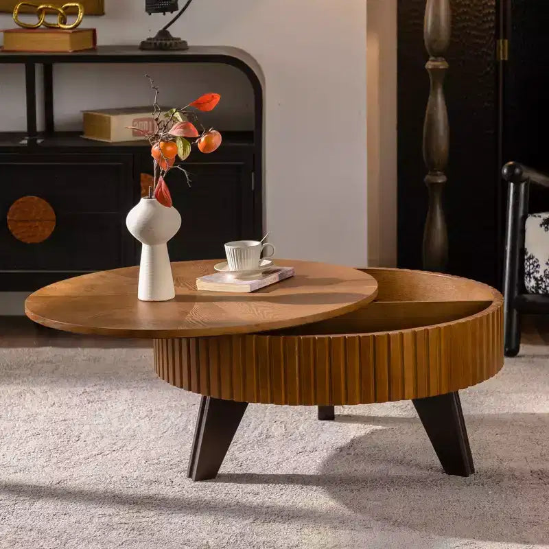 Table basse ronde ModernLuxe rétro avec rangement dissimulé, table d'appoint de salon en bois de style Mid-Century