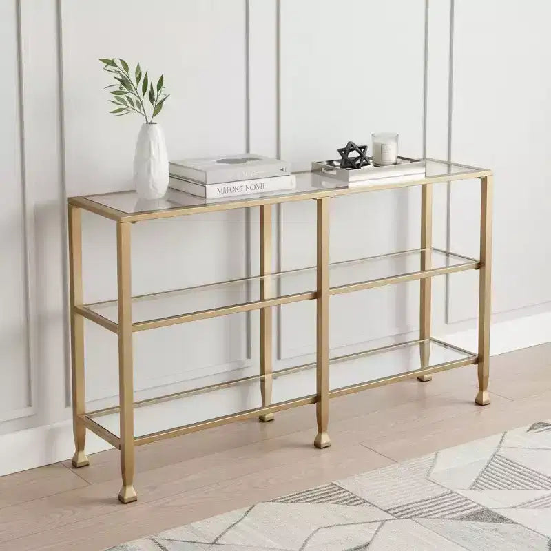 HomeRoots 49 Table console étagère de sol en verre transparent et or avec rangement