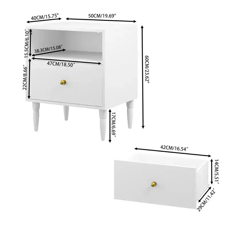 Table de chevet blanche avec tiroir, étagère ouverte et poignée dorée - ModernLuxe