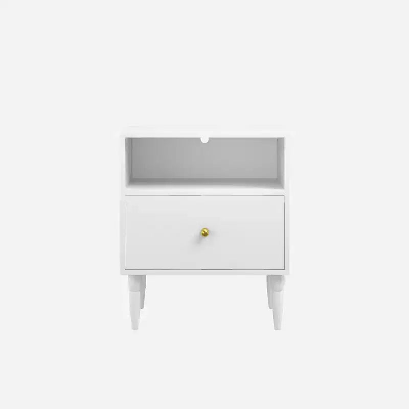 Table de chevet blanche avec tiroir, étagère ouverte et poignée dorée - ModernLuxe