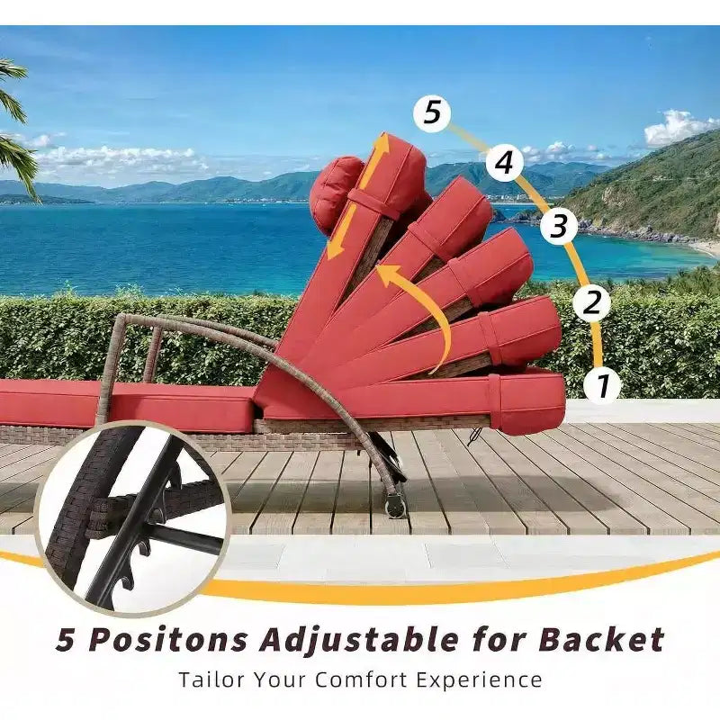Chaise longue pliante en rotin 2 pièces, fauteuil de jardin avec dossier réglable sur 5 positions, coussin et oreiller pour l'arrière-cour, la terrasse, le porche
