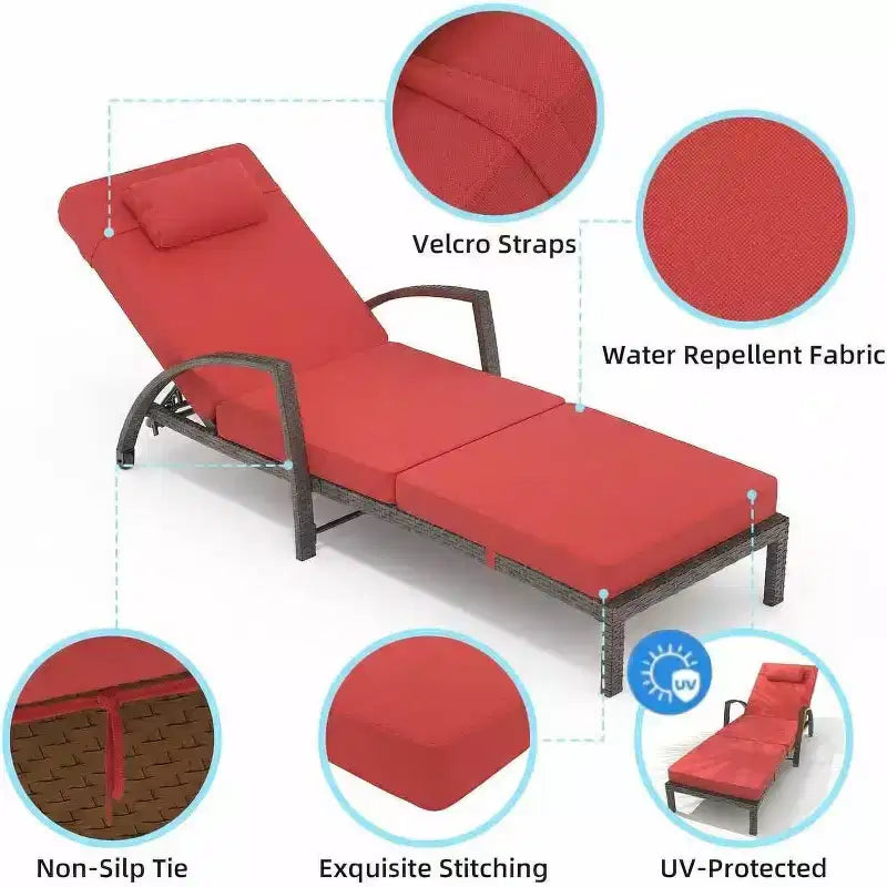 Chaise longue pliante en rotin 2 pièces, fauteuil de jardin avec dossier réglable sur 5 positions, coussin et oreiller pour l'arrière-cour, la terrasse, le porche