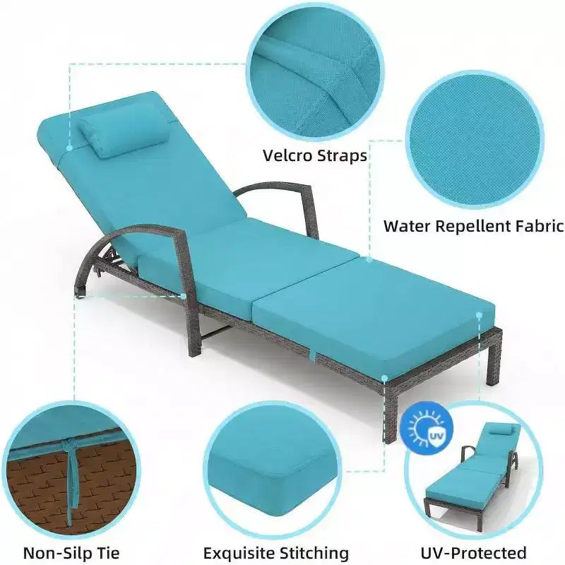 Chaise longue pliante en rotin 2 pièces, fauteuil de jardin avec dossier réglable sur 5 positions, coussin et oreiller pour l'arrière-cour, la terrasse, le porche