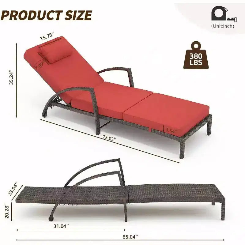 Chaise longue pliante en rotin 2 pièces, fauteuil de jardin avec dossier réglable sur 5 positions, coussin et oreiller pour l'arrière-cour, la terrasse, le porche