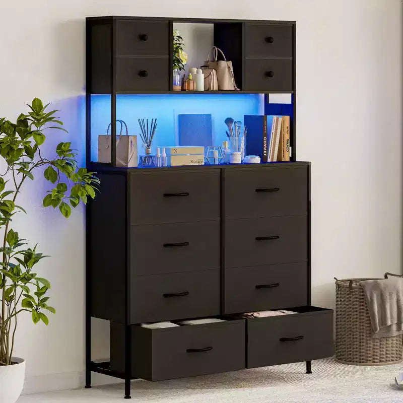 Commode avec 12 tiroirs en tissu, commode de chambre avec station de recharge, commodes et chiffonniers