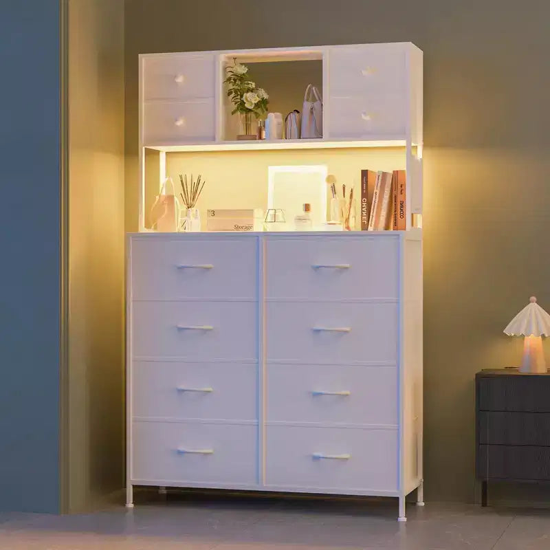 Commode avec 12 tiroirs en tissu, commode de chambre avec station de recharge, commodes et chiffonniers