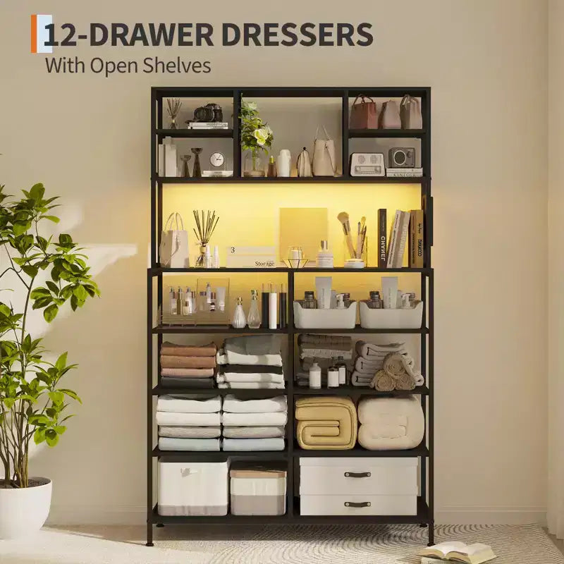 Commode avec 12 tiroirs en tissu, commode de chambre avec station de recharge, commodes et chiffonniers