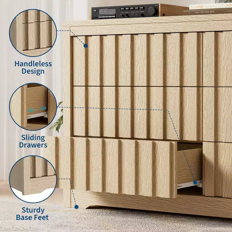 Commode cannelée moderne pour chambre à coucher, commode en bois, organiseur de rangement sans poignées avec tiroirs profonds pour vêtements pour salon et couloir