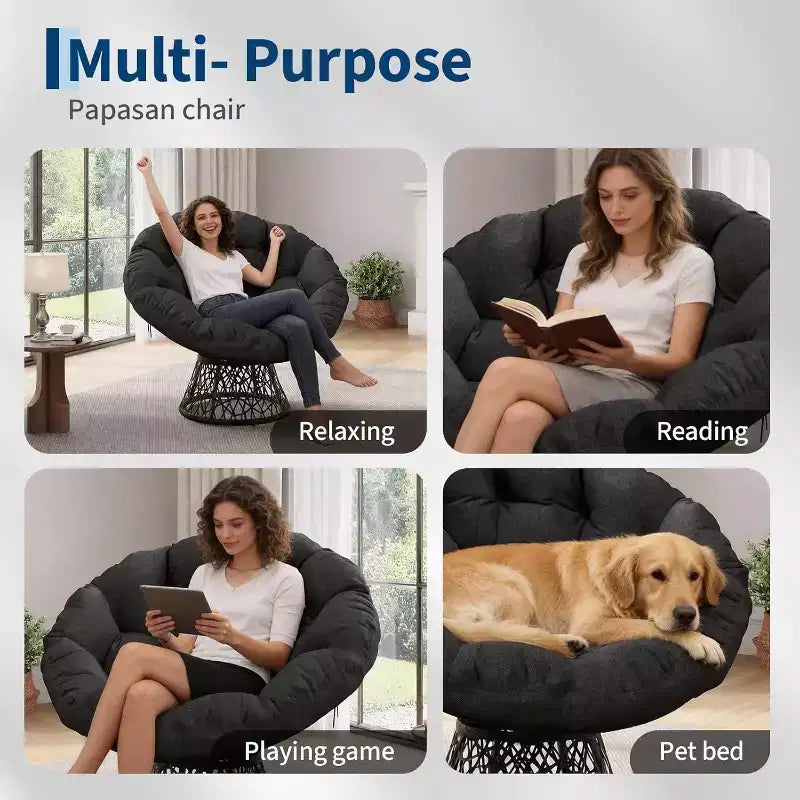 37 Fauteuil Papasan ergonomique en osier avec coussin en tissu doux ultra-épais, cadre en acier robuste, base pivotante à 360° pour bureau à domicile