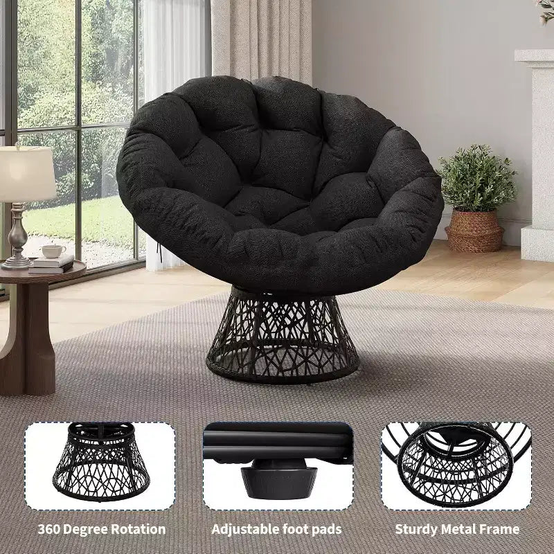 37 Fauteuil Papasan ergonomique en osier avec coussin en tissu doux ultra-épais, cadre en acier robuste, base pivotante à 360° pour bureau à domicile