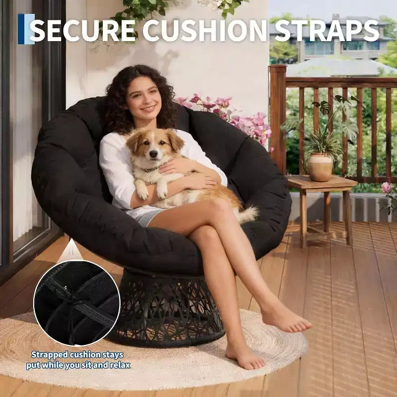 37 Fauteuil Papasan ergonomique en osier avec coussin en tissu doux ultra-épais, cadre en acier robuste, base pivotante à 360° pour bureau à domicile