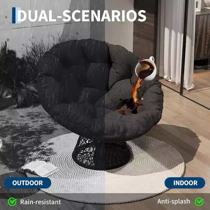 37 Fauteuil Papasan ergonomique en osier avec coussin en tissu doux ultra-épais, cadre en acier robuste, base pivotante à 360° pour bureau à domicile