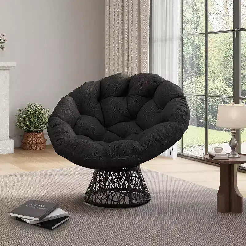 37 Fauteuil Papasan ergonomique en osier avec coussin en tissu doux ultra-épais, cadre en acier robuste, base pivotante à 360° pour bureau à domicile