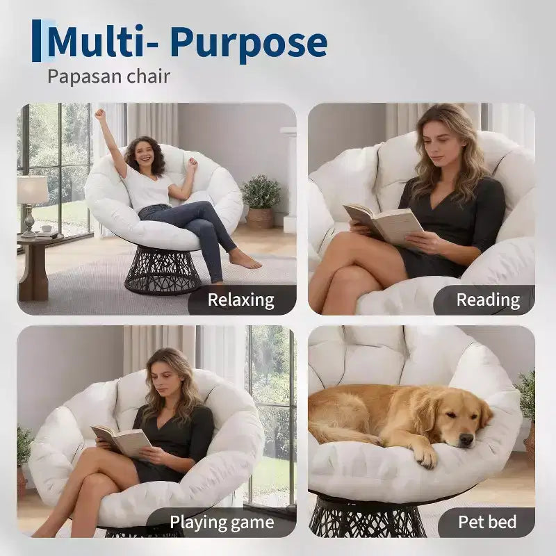 37 Fauteuil Papasan ergonomique en osier avec coussin en tissu doux ultra-épais, cadre en acier robuste, base pivotante à 360° pour bureau à domicile