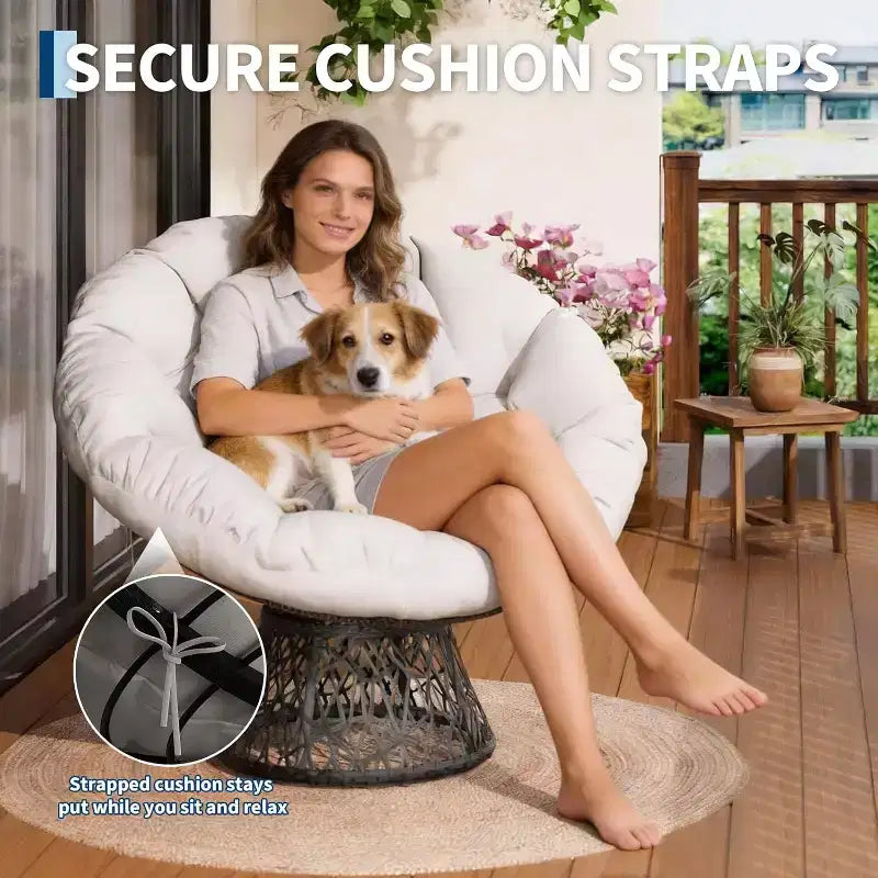 37 Fauteuil Papasan ergonomique en osier avec coussin en tissu doux ultra-épais, cadre en acier robuste, base pivotante à 360° pour bureau à domicile