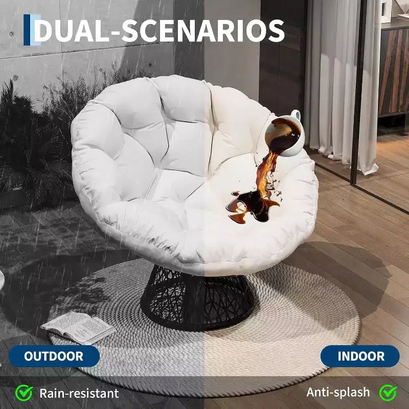 37 Fauteuil Papasan ergonomique en osier avec coussin en tissu doux ultra-épais, cadre en acier robuste, base pivotante à 360° pour bureau à domicile