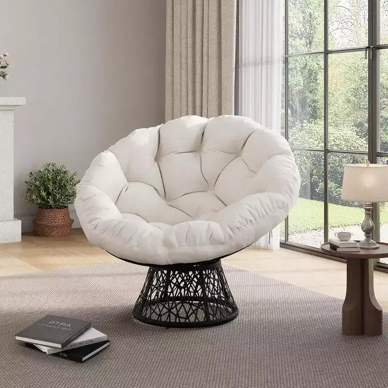 37 Fauteuil Papasan ergonomique en osier avec coussin en tissu doux ultra-épais, cadre en acier robuste, base pivotante à 360° pour bureau à domicile