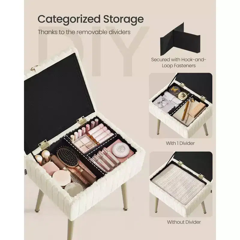 SONGMICS Tabouret de Coiffeuse avec Rangement, Tabouret de Maquillage, Repose-Pieds Ottoman, Pieds en Métal, Pieds Réglables