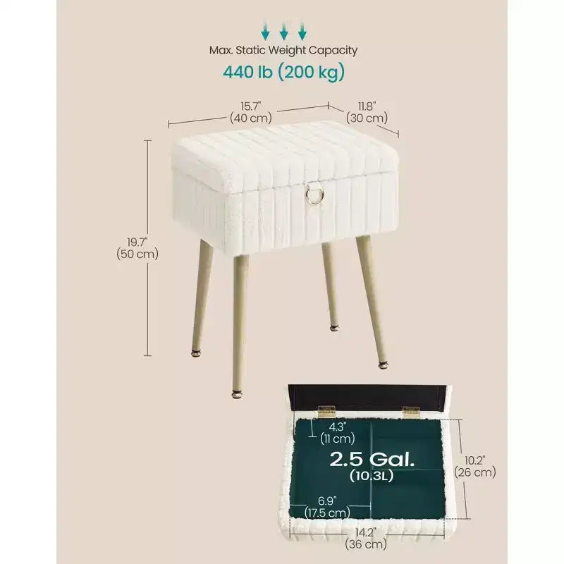 SONGMICS Tabouret de Coiffeuse avec Rangement, Tabouret de Maquillage, Repose-Pieds Ottoman, Pieds en Métal, Pieds Réglables