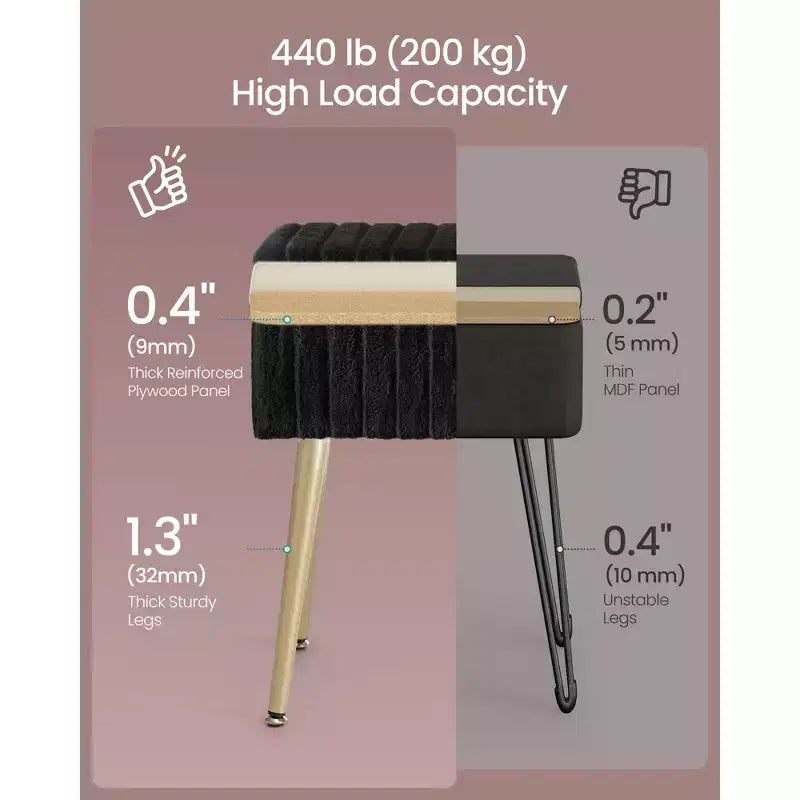 SONGMICS Tabouret de Coiffeuse avec Rangement, Tabouret de Maquillage, Repose-Pieds Ottoman, Pieds en Métal, Pieds Réglables