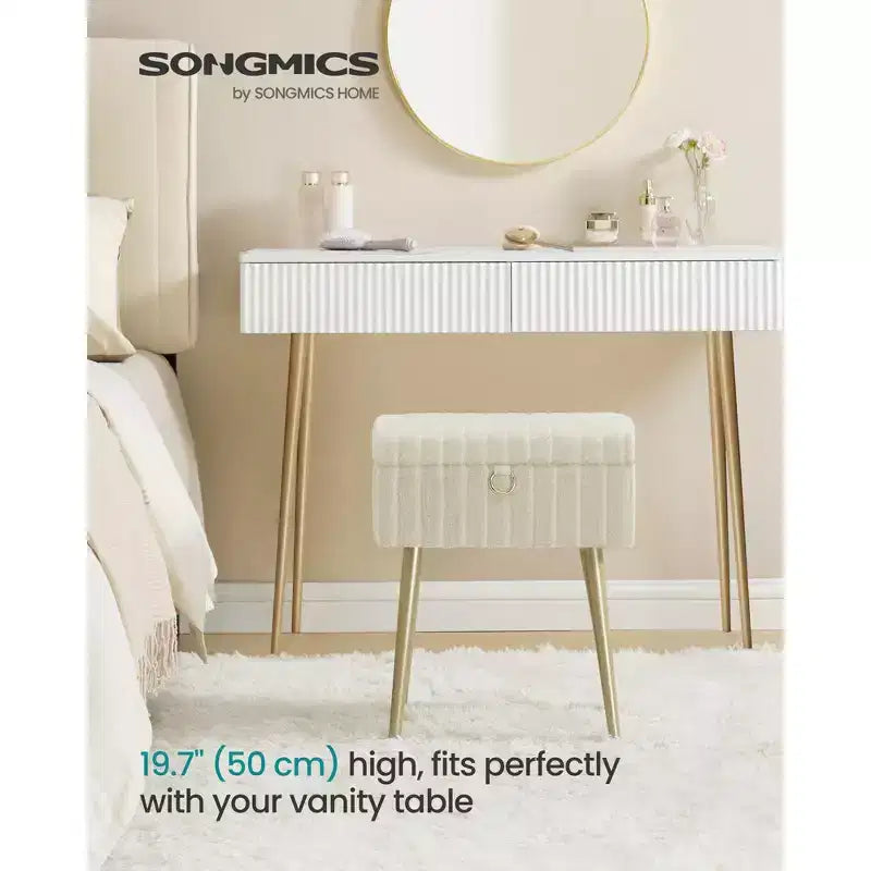 SONGMICS Tabouret de Coiffeuse avec Rangement, Tabouret de Maquillage, Repose-Pieds Ottoman, Pieds en Métal, Pieds Réglables