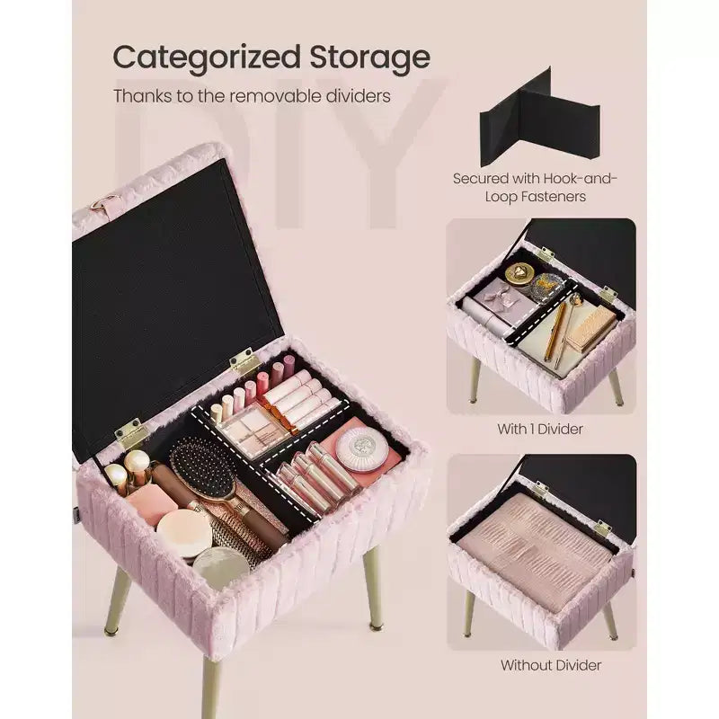 SONGMICS Tabouret de Coiffeuse avec Rangement, Tabouret de Maquillage, Repose-Pieds Ottoman, Pieds en Métal, Pieds Réglables