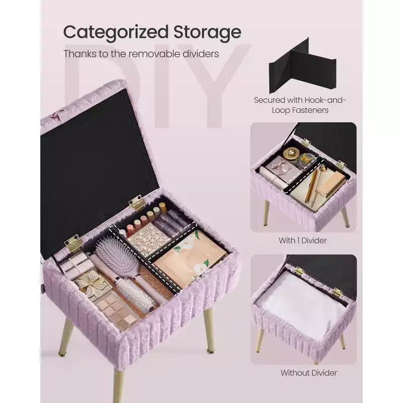 SONGMICS Tabouret de Coiffeuse avec Rangement, Tabouret de Maquillage, Repose-Pieds Ottoman, Pieds en Métal, Pieds Réglables
