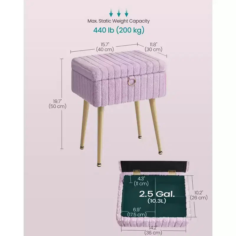 SONGMICS Tabouret de Coiffeuse avec Rangement, Tabouret de Maquillage, Repose-Pieds Ottoman, Pieds en Métal, Pieds Réglables