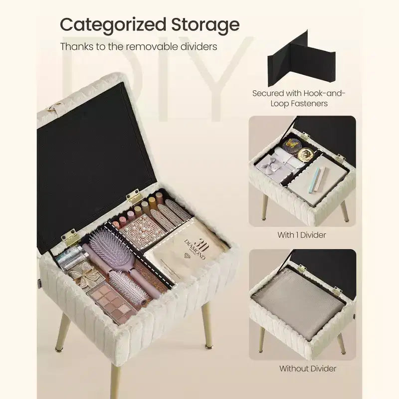 SONGMICS Tabouret de Coiffeuse avec Rangement, Tabouret de Maquillage, Repose-Pieds Ottoman, Pieds en Métal, Pieds Réglables