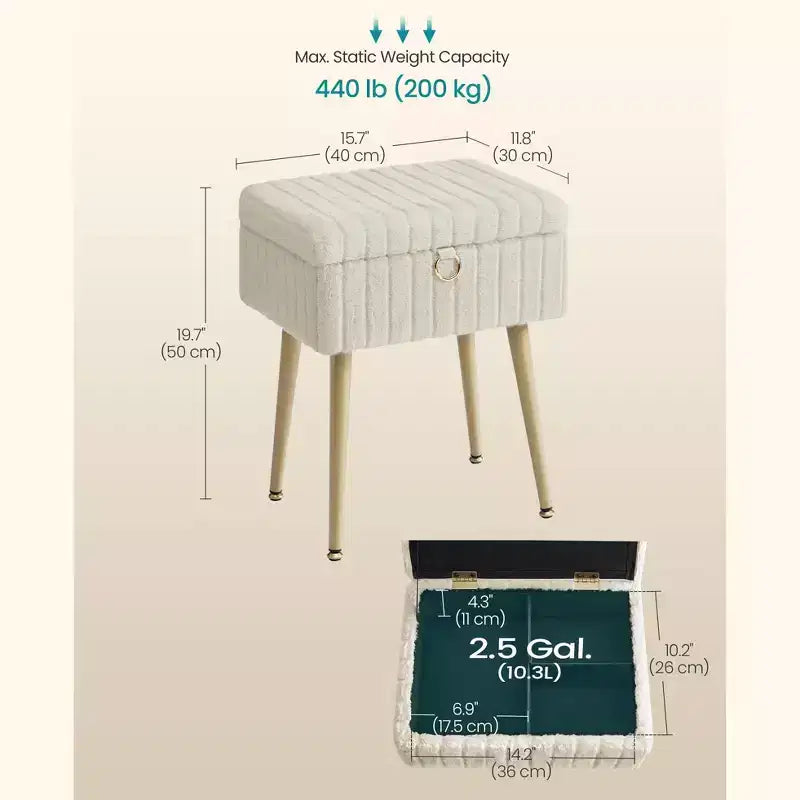 SONGMICS Tabouret de Coiffeuse avec Rangement, Tabouret de Maquillage, Repose-Pieds Ottoman, Pieds en Métal, Pieds Réglables