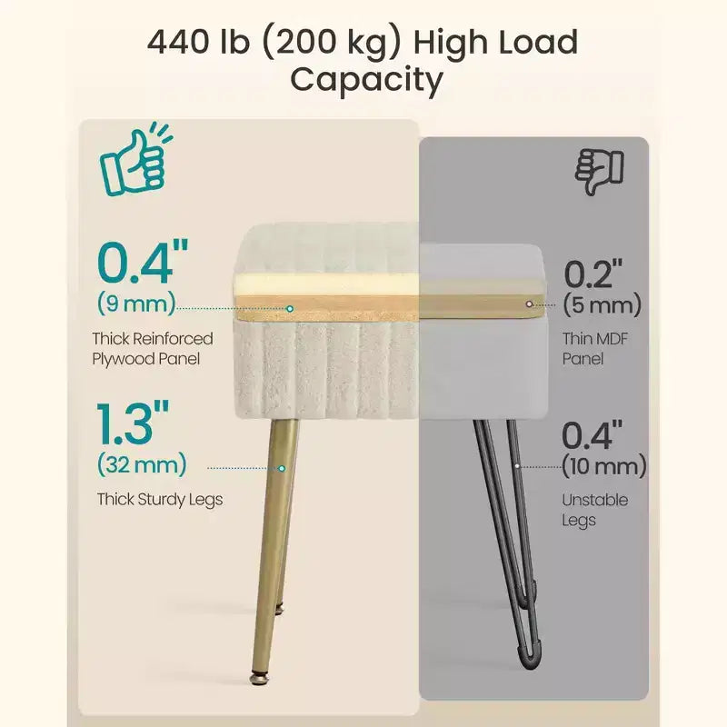 SONGMICS Tabouret de Coiffeuse avec Rangement, Tabouret de Maquillage, Repose-Pieds Ottoman, Pieds en Métal, Pieds Réglables