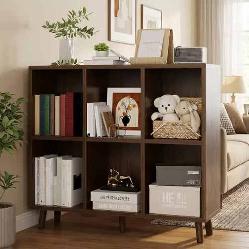 6-Cube Bookcase - Low 2-Tier Wood Storage Shelf in Retro Brown for Home Office/Living Room